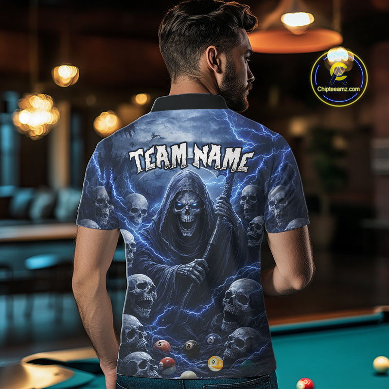 Blue Grim Reaper Lightning Billiard Shirt For Men Custom Skull Pool Team Jersey Polo & 1/4 Zip TDM5963