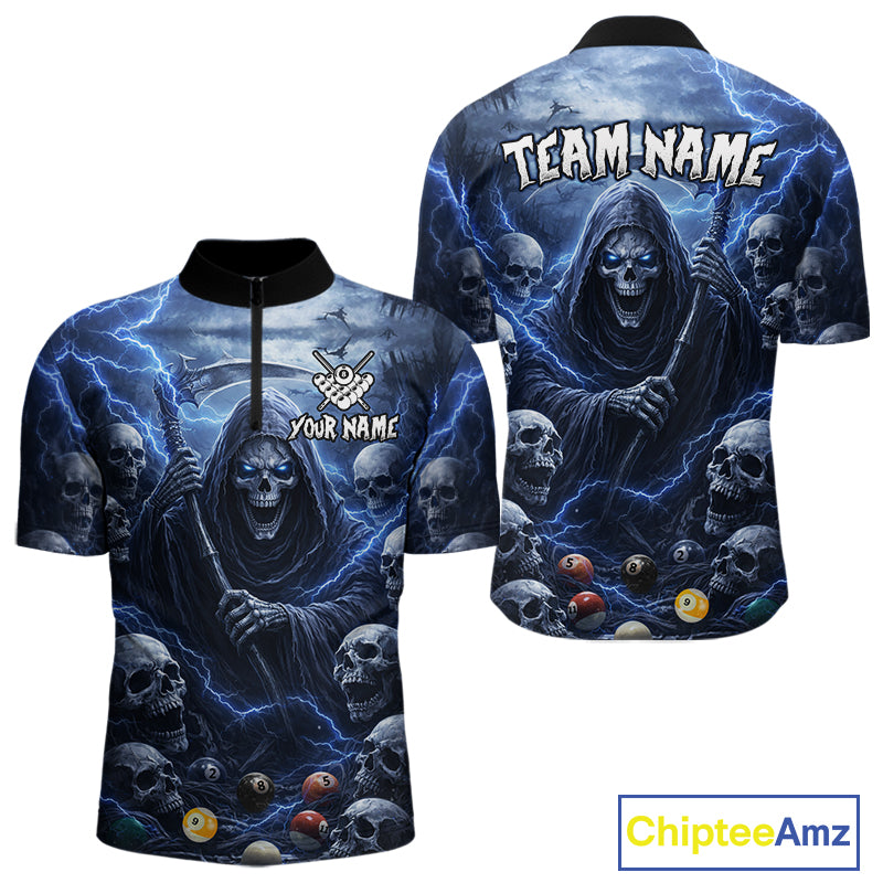 Blue Grim Reaper Lightning Billiard Shirt For Men Custom Skull Pool Team Jersey Polo & 1/4 Zip TDM5963