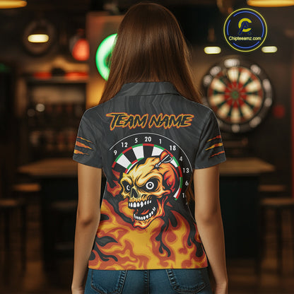 Black And Orange Custom Fire Flame Skull Darts Shirt For Women, Darts Jersey Team Polo & 1/4 Zip TDM5057