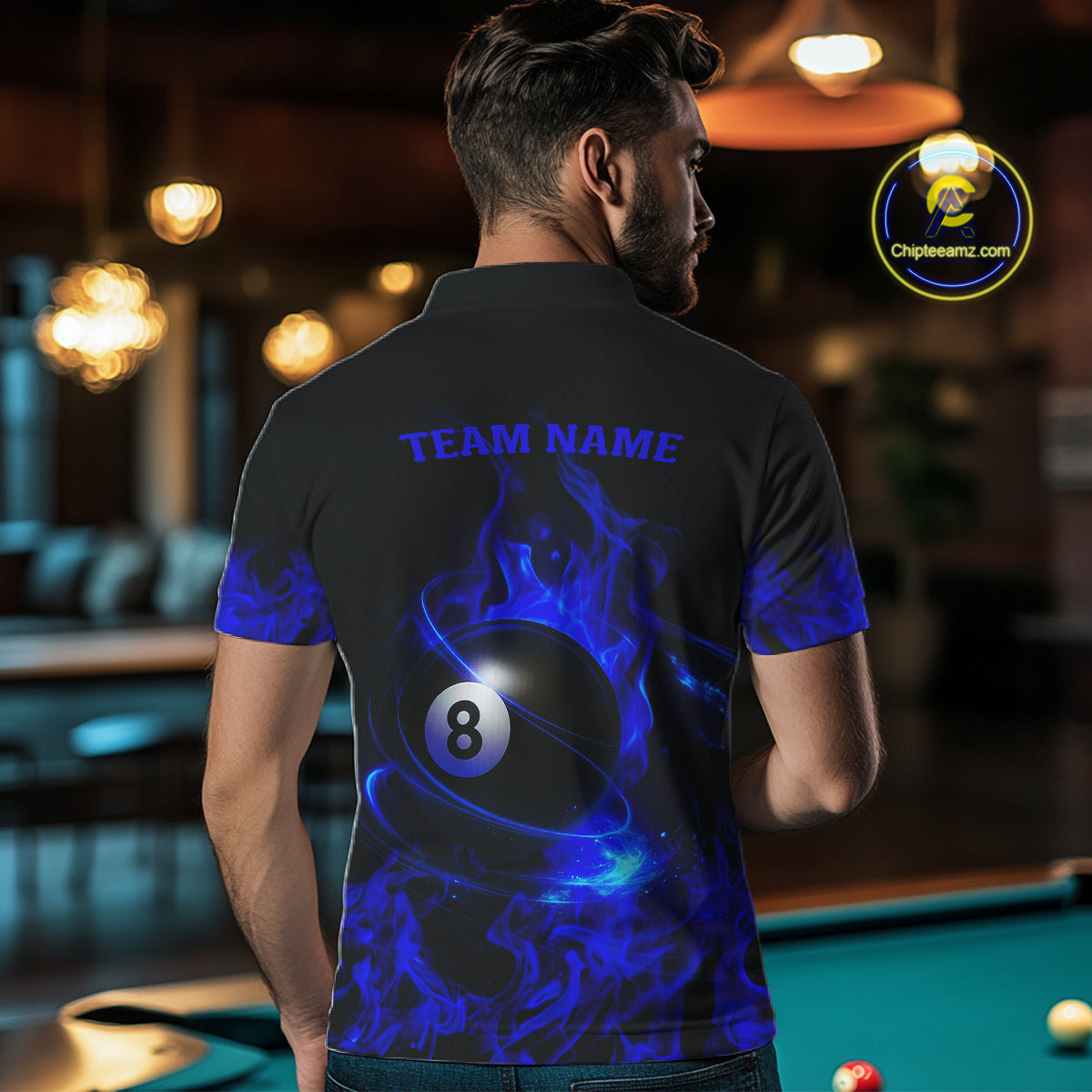 Blue Flaming American Flag 8 Ball Billiard Shirt For Men Custom Patriotic Pool Team Jersey TDM4842