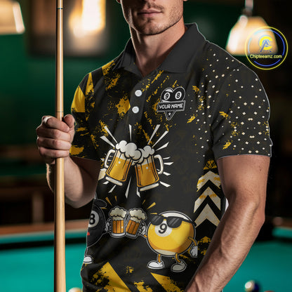 Yellow Black Funny Beer Billiard Shirt For Men Custom 8 Ball & 9 Ball Pool Jersey Polo & 1/4 Zip TDM5288