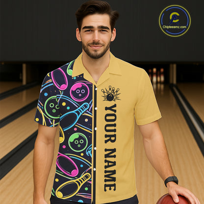 Personalized Funny Neon Bowling Hawaiian Shirt For Women Custom Retro Bowling Team Jersey |Yellow TDM6186