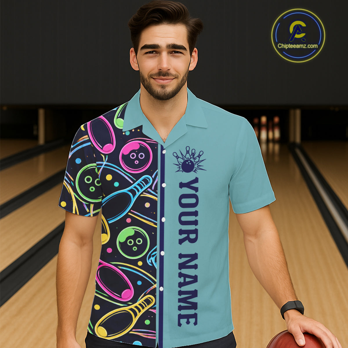 Personalized Funny Neon Bowling Hawaiian Shirt For Women Custom Retro Bowling Team Jersey |Teal TDM6187