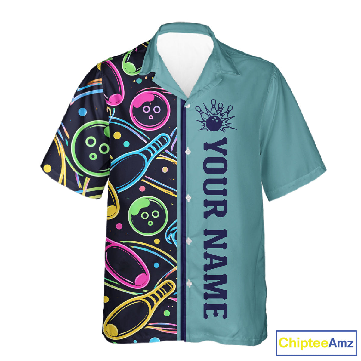 Personalized Funny Neon Bowling Hawaiian Shirt For Women Custom Retro Bowling Team Jersey |Teal TDM6187