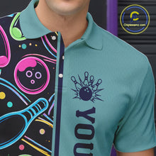 Load image into Gallery viewer, Personalized Funny Neon Bowing Shirt For Men, Retro Bowling Team Jersey Polo &amp; 1/4 Zip | Teal TDM6187
