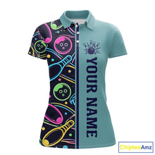 Load image into Gallery viewer, Personalized Funny Neon Bowing Shirt For Women, Retro Bowling Team Jersey Polo &amp; 1/4 Zip | Teal TDM6187