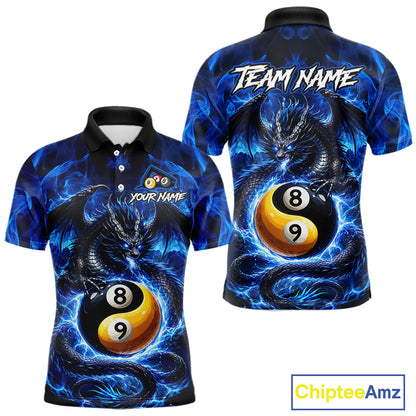 Blue 8 Ball & 9 Ball Fire Yin And Yang Dragon Billiard Shirt For Men Custom Pool Team Jersey TDM5841