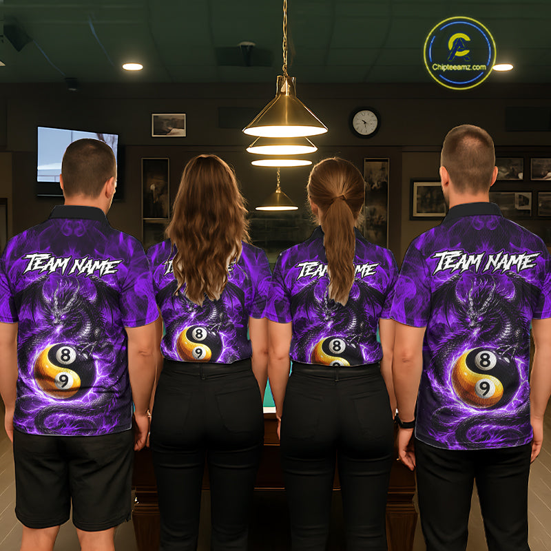 Purple 8 Ball & 9 Ball Fire Yin And Yang Dragon Billiard Shirt For Men Custom Pool Team Jersey TDM5843