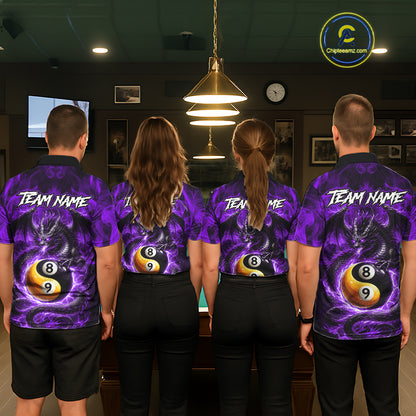 Purple 8 Ball & 9 Ball Fire Yin And Yang Dragon Billiard Shirt For Men Custom Pool Team Jersey TDM5843