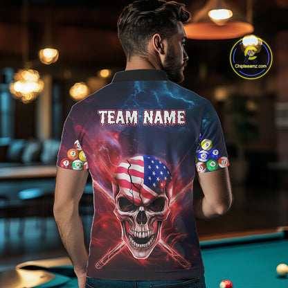 US Flag Patriotic Skull Men's Billiard Shirt Custom Pool Team Shirt Billiard Jersey Polo & 1/4 Zip TDM5140