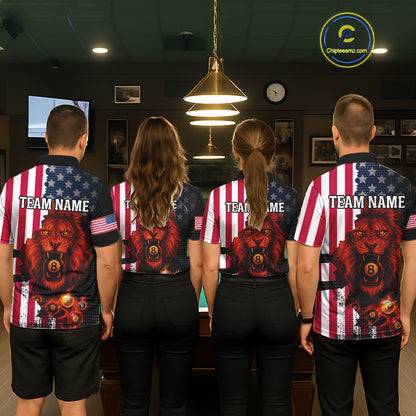 American Flag Lion 8 Ball Billiard Shirt For Men Custom Patriotic Pool Team Shirt Polo & 1/4 Zip TDM5341