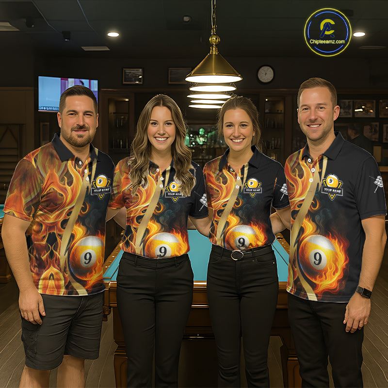 Personalized Fire Flame 9 Ball Pool Golden Billiard Shirt For Women, Billiard Jersey Polo & 1/4 Zip TDM5348