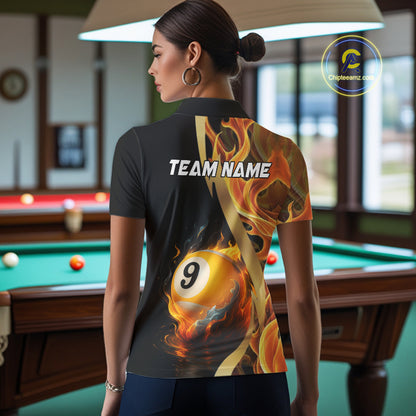 Orange 8 Ball & 9 Ball Fire Flame Billiard Shirt For Women Custom Pool Team Shirts, Billiard Jersey TDM5349