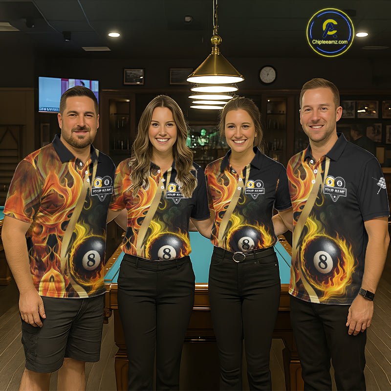 Orange 8 Ball & 9 Ball Fire Flame Billiard Shirt For Men Custom Pool Team Shirts, Billiard Jersey TDM5349