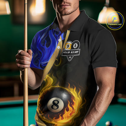 Blue 8 Ball & 9 Ball Fire Flame Billiard Shirt For Men Custom Pool Team Shirts, Billiard Jersey TDM5350