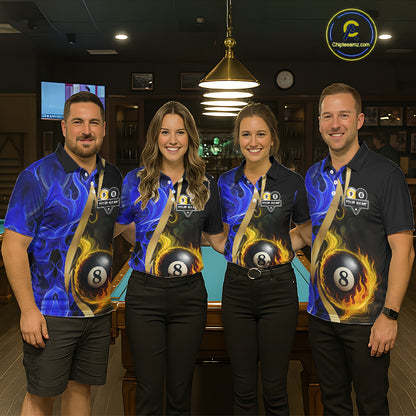 Blue 8 Ball & 9 Ball Fire Flame Billiard Shirt For Men Custom Pool Team Shirts, Billiard Jersey TDM5350