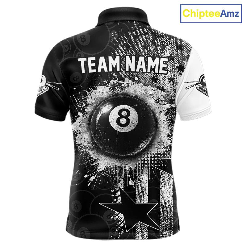Men's patriotic billiard polo featuring distressed American flag and glowing 8 ball graphics, personalized performance apparel for veterans, military supporters, APA leagues and patriotic pool players, symbolizing freedom, honor and strength.