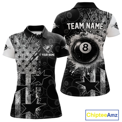 Women's patriotic billiard polo featuring distressed American flag and glowing 8 ball graphics, personalized performance apparel for veterans, military families, APA leagues and patriotic pool players, symbolizing freedom, honor and leadership.