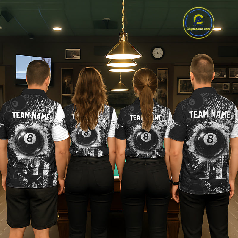 Men women billiard team wearing matching American flag grunge jerseys during league tournaments, personalized uniforms representing patriotism, teamwork, unity, honor and championship performance.