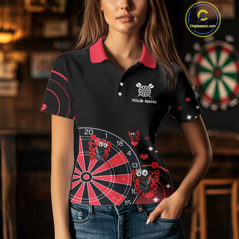 Custom Black And Red Butterflies Funny Dart Women Polo Shirt Dart Team Jerseys NYN1561