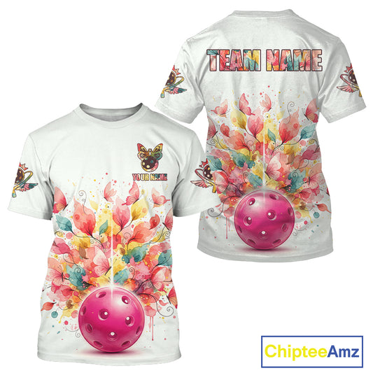 Colorful Flowers Butterfly Pickleball Ball T-Shirt Custom White Men's Pickleball Jerseys NYN1875