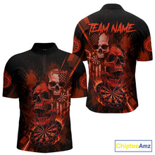 Load image into Gallery viewer, Custom Red Smokes Grunge Skull Men Darts Quarter- Zip Shirt US Flag Skull Dart League Jerseys NYN2123