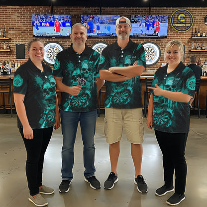 Custom Turquoise Smokes Grunge Skull Women Darts Polo Shirt US Flag Skull Dart League Jerseys NYN2125