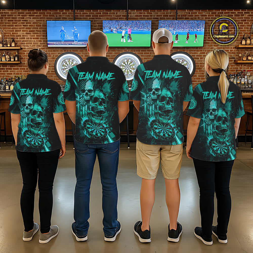 Custom Turquoise Smokes Grunge Skull Women Darts Polo Shirt US Flag Skull Dart League Jerseys NYN2125