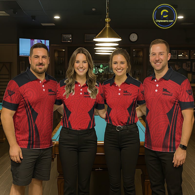 Red Tribal Ball Pool Men Billiard Polo & 1/4-Zip Attire Custom 8 Ball Billiard Team Shirt NYN2388