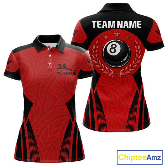 Red Tribal Ball Pool Women Billiard Polo & 1/4-Zip Attire Custom 8 Ball Billiard Team Shirt NYN2388