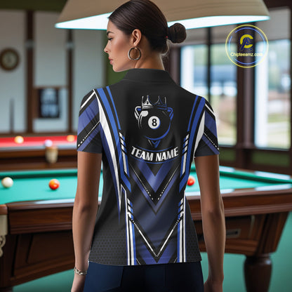 Black & Blue Crown 8 Ball Pool Women Billiard Polo & 1/4-Zip Shirt Personalized Billiard Gifts NYN2390