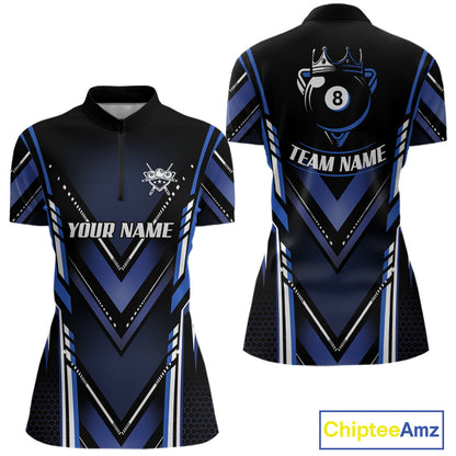 Black & Blue Crown 8 Ball Pool Women Billiard Polo & 1/4-Zip Shirt Personalized Billiard Gifts NYN2390