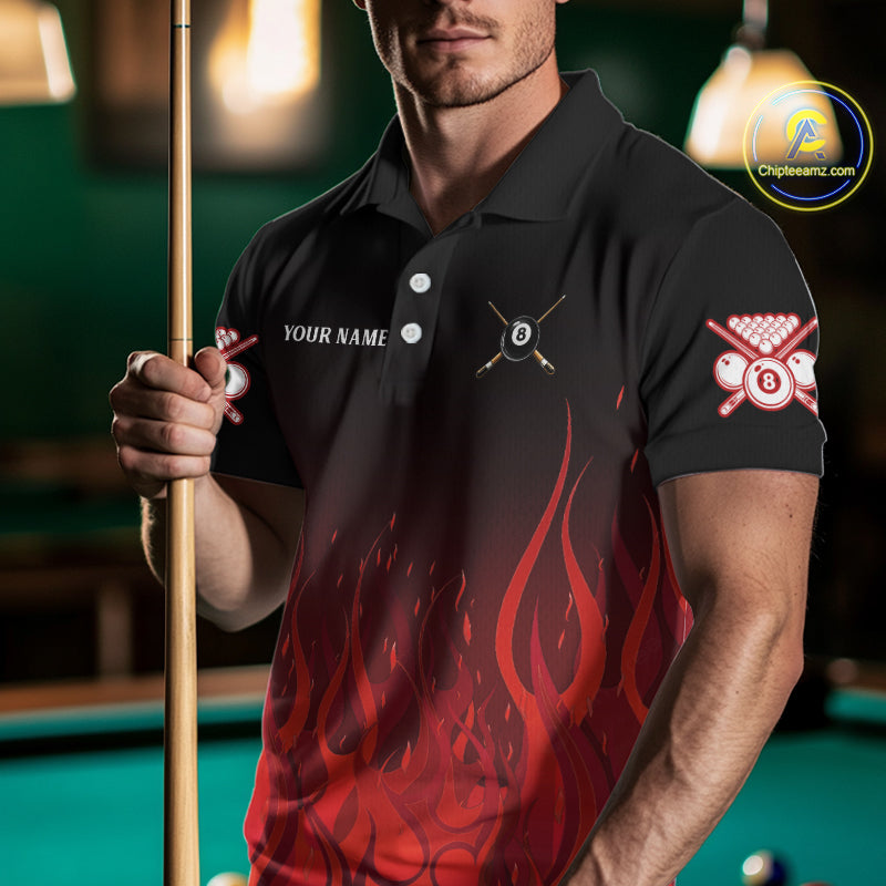 Red Flames 8 Ball Pool Team Shirts Men Billiard Polo & 1/4-Zip Custom Billiard Balls & Cue Gifts NYN2400