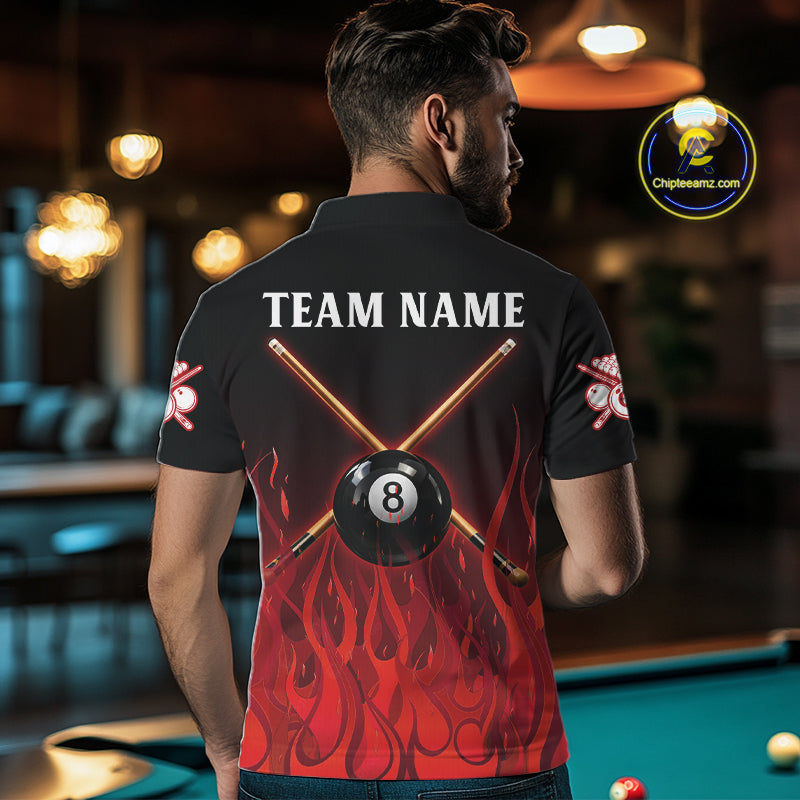 Red Flames 8 Ball Pool Team Shirts Men Billiard Polo & 1/4-Zip Custom Billiard Balls & Cue Gifts NYN2400