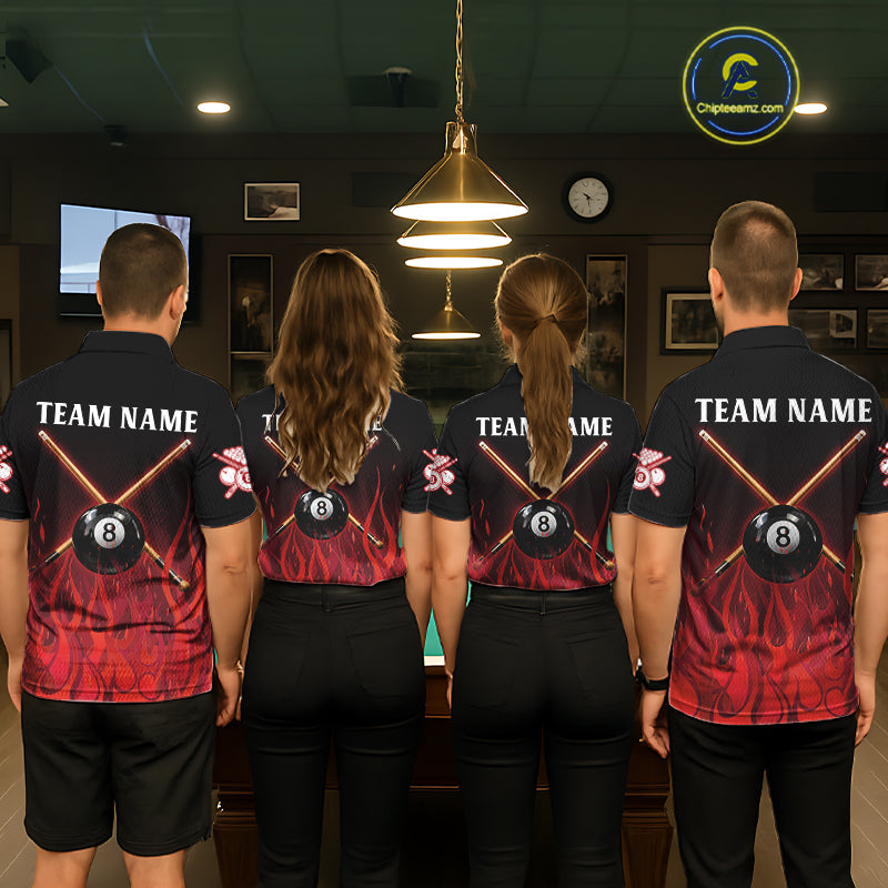 Red Flames 8 Ball Pool Team Shirts Men Billiard Polo & 1/4-Zip Custom Billiard Balls & Cue Gifts NYN2400