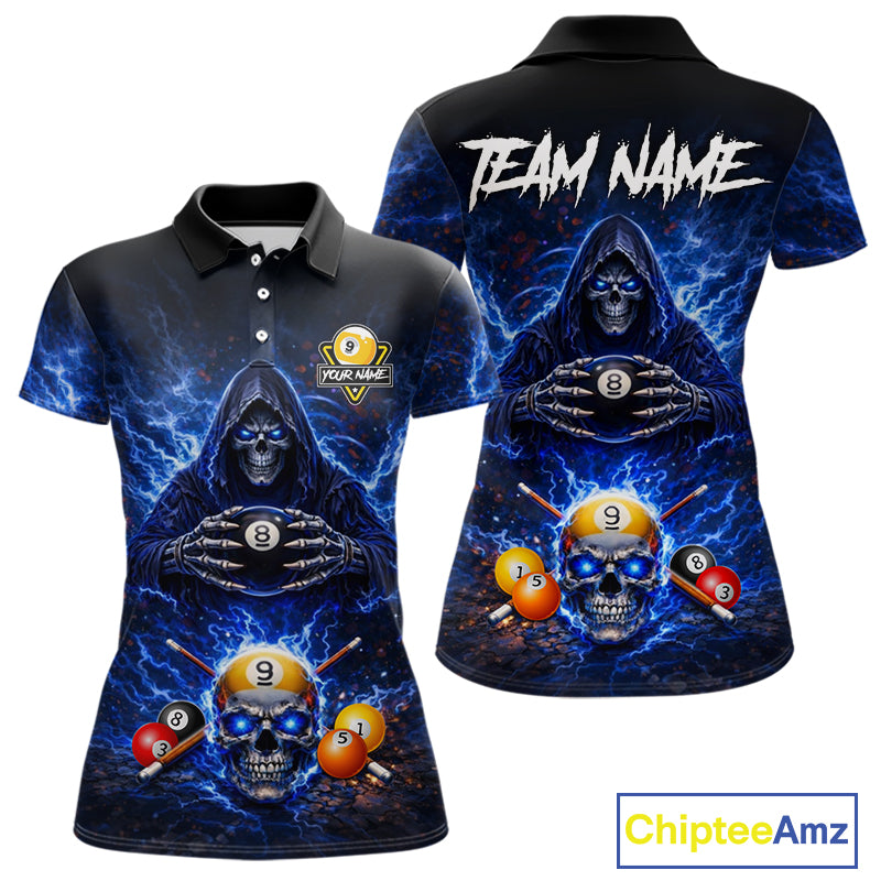 Blue Flames Grim Reaper Pool 8 Ball & 9 Ball Billiard Shirt For Women Custom Billiard Team Jerseys NYN2630