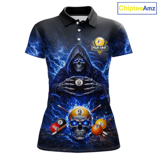 Blue Flames Grim Reaper Pool 8 Ball & 9 Ball Billiard Shirt For Women Custom Billiard Team Jerseys NYN2630