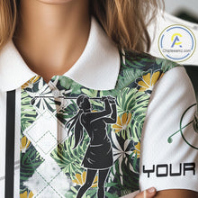Load image into Gallery viewer, Custom Name Green Tropical Golf Womens Polo Shirt, White Golf Jerseys Best Floral Golf Gifts NYN2993