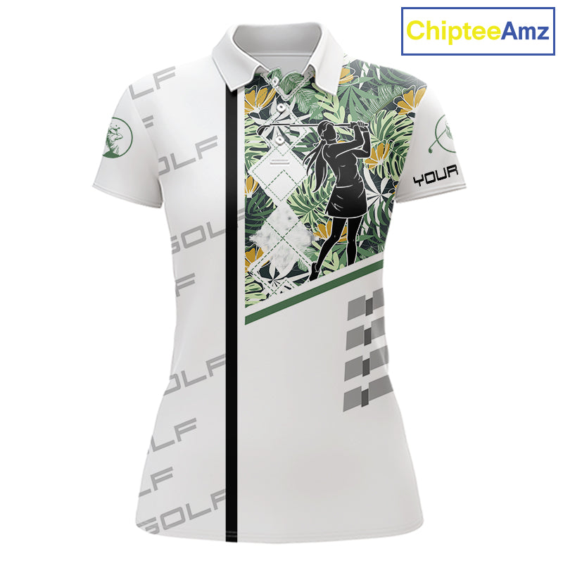 Custom Name Green Tropical Golf Womens Polo Shirt, White Golf Jerseys Best Floral Golf Gifts NYN2993
