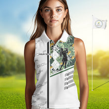Load image into Gallery viewer, Custom Name Green Tropical Golf Women Sleeveless Polo Shirt, White Golf Jerseys Best Floral Golf Gifts NYN2993