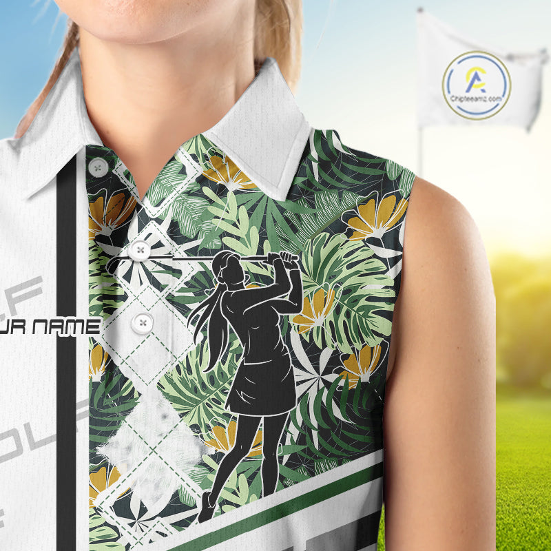 Custom Name Green Tropical Golf Women Sleeveless Polo Shirt, White Golf Jerseys Best Floral Golf Gifts NYN2993