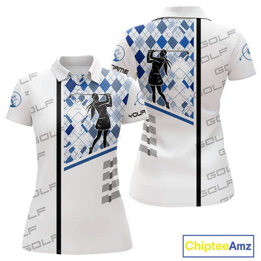 Custom Name Blue Argyle Pattern Womens Polo Shirt, White Golf Jersey Best Argyle Golf Gifts NYN2994