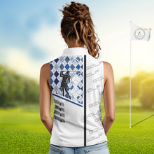 Load image into Gallery viewer, Custom Name Blue Argyle Pattern Women Sleeveless Polo Shirt, White Golf Jersey Best Argyle Golf Gifts NYN2994