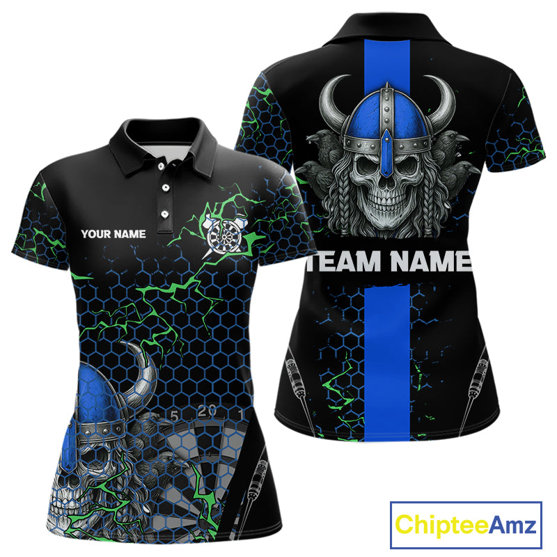 Blue Horned Warrior Skull Women's Dart Shirt - Personalized Name For Darts Jersey NYN0446
