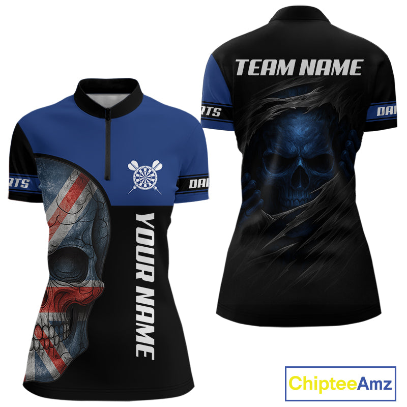 Blue Skeleton & Dartboard Custom Quarter-Zip Darts Shirt For Women - Darts Team Jersey NYN0701