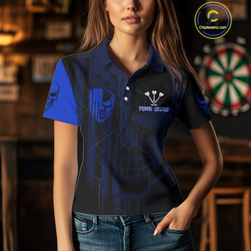 Custom Darts Team Polo Shirt For Women Blue Flame Dartboard - Darts Jersey NYN0704
