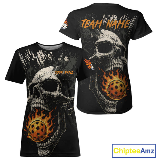 Custom Black And Red Flames Pickleball Ball T-Shirt For Women Grunge Pickleball Jerseys NYN1584
