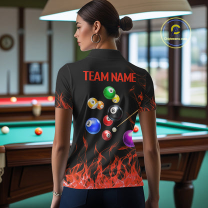 Red Flames Pool Balls Women Billiard Polo & 1/4-Zip Apparel Custom Billiard Team Shirt Designs NYN2405