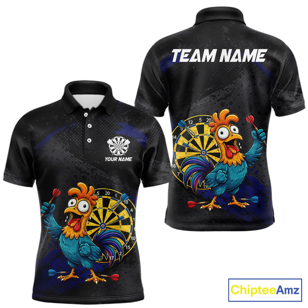 Colorful Rooster Funny Men Darts Polo & 1/4-Zip Shirt Custom Grunge Blue Dart Attire For Darters NYN3004