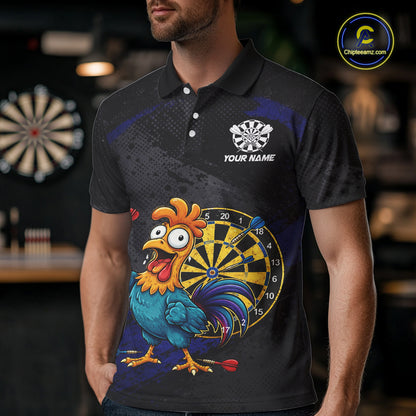 Colorful Rooster Funny Men Darts Polo & 1/4-Zip Shirt Custom Grunge Blue Dart Attire For Darters NYN3004